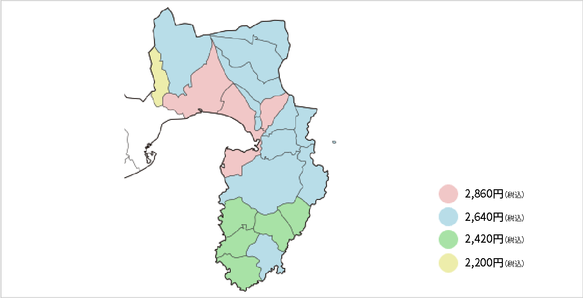 静岡県東部の市区町村別、料金表マップ