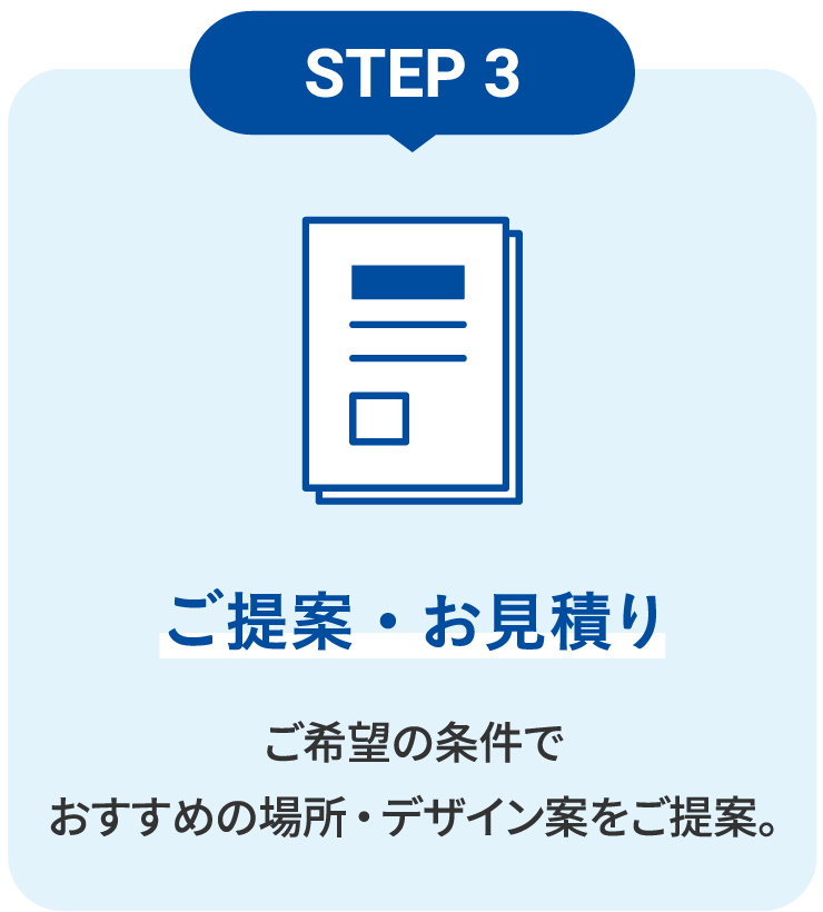 STEP3_ご提案とお見積もりをします。ご希望の条件でおすすめの場所、デザイン案をご提案させていただきます。