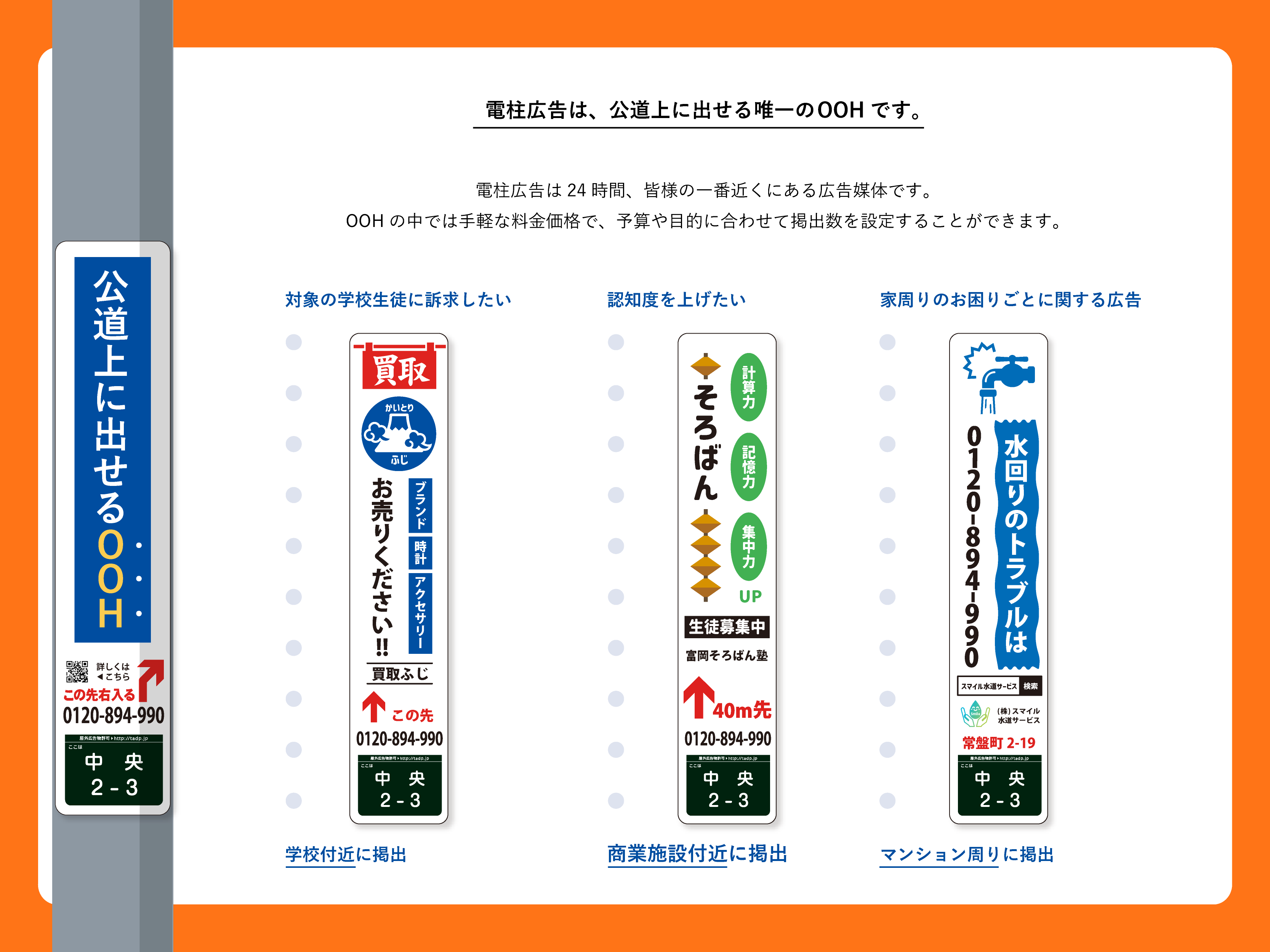 電柱広告は、公道上に出せる唯一のOOHです。電柱広告は24時間、皆様の一番近くにある広告媒体です。OOHの中では手軽な料金価格で、予算や目的に合わせて掲出数を設定することができます。OOHとはOut Of Homeの略。マーケティング用語で中吊り広告や駅構内広告などの交通広告、各種看板屋大型ビジョンなどの屋外広告、チラシなど、家庭以外の場所で展開するメディアの総称。アウトオブホーム・メディアとも呼ぶ。